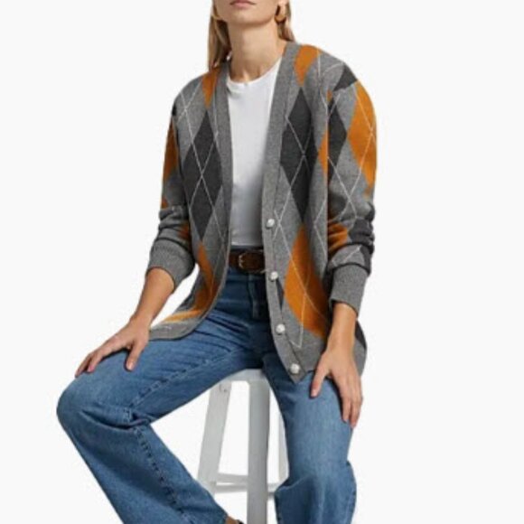 Ronny Kobo Abarne Gray Brown Merino Wool Cotton Argyle Button Cardigan Sweater S - Picture 1 of 15